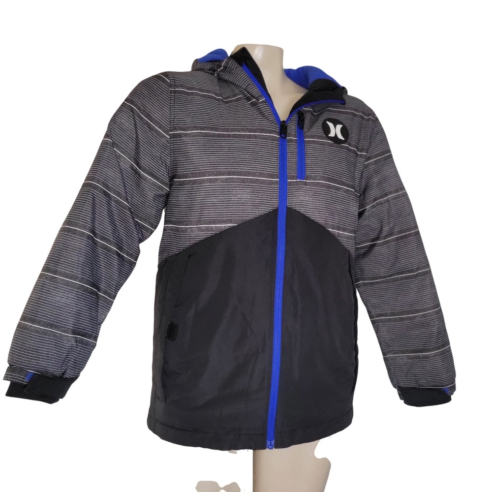 Hurley Hooded Windbreaker Jacket Grey Striped Black Fleece Lined M outdoor comfy